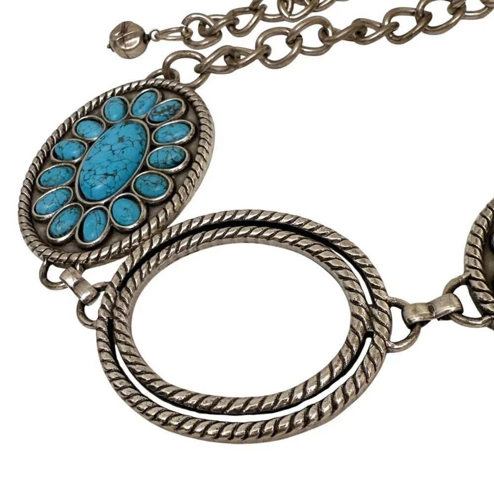 Chico's Link Belt Faux Turquoise Medallion Silvertone Chain Western Concho